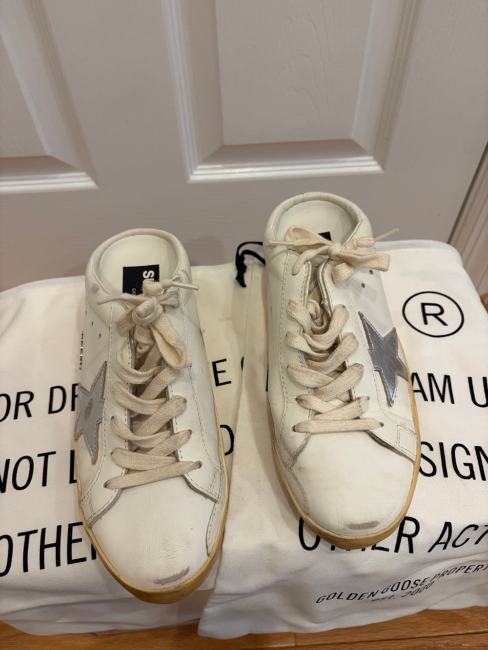 Golden Goose Cream & Silver Superstar Sneakers/Slides. Worn twice. - Picture 2 of 6